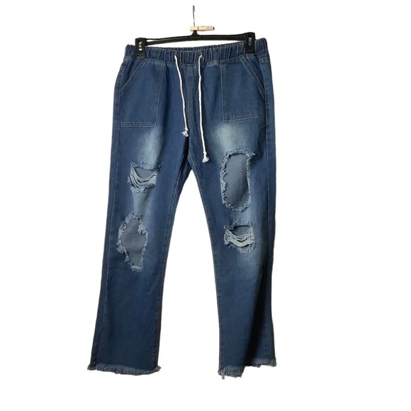Distressed Denim Jeans Women Sz Large Drawstring Cotton Blend Elastic Waistband - Picture 1 of 8